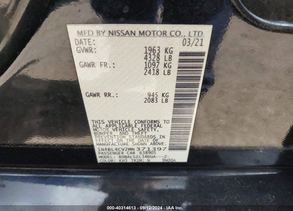 2021 NISSAN ALTIMA SR FWD VIN: 1N4BL4CV2MN371397