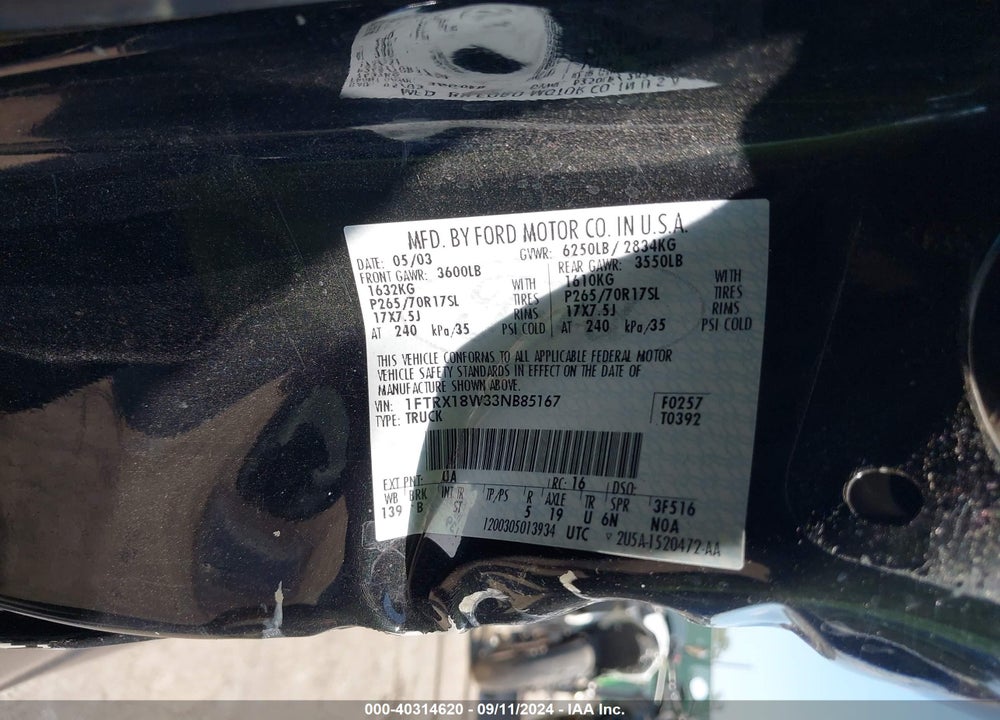 2003 FORD F-150 LARIAT/XL/XLT VIN: 1FTRX18W33NB85167