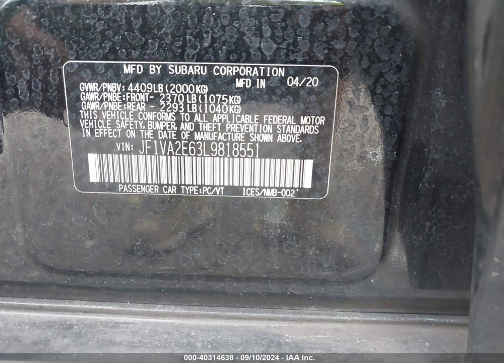 2020 SUBARU WRX STI VIN: JF1VA2E63L9818551