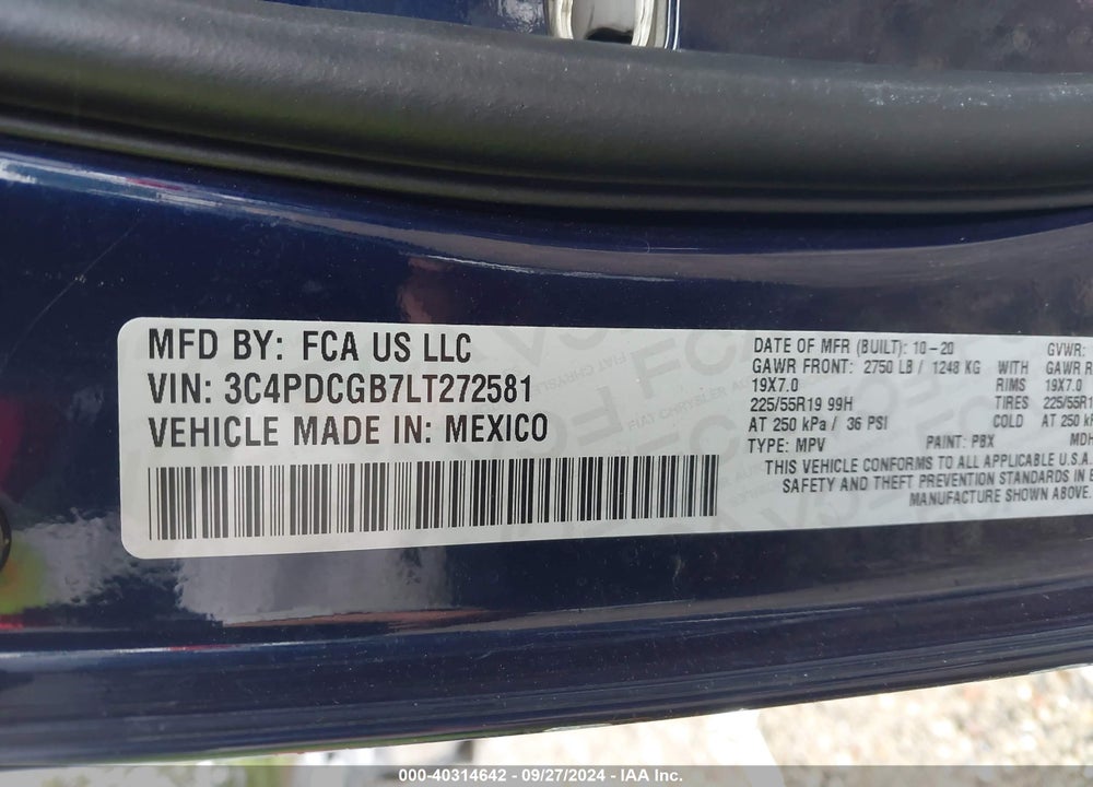 2020 DODGE JOURNEY CROSSROAD VIN: 3C4PDCGB7LT272581