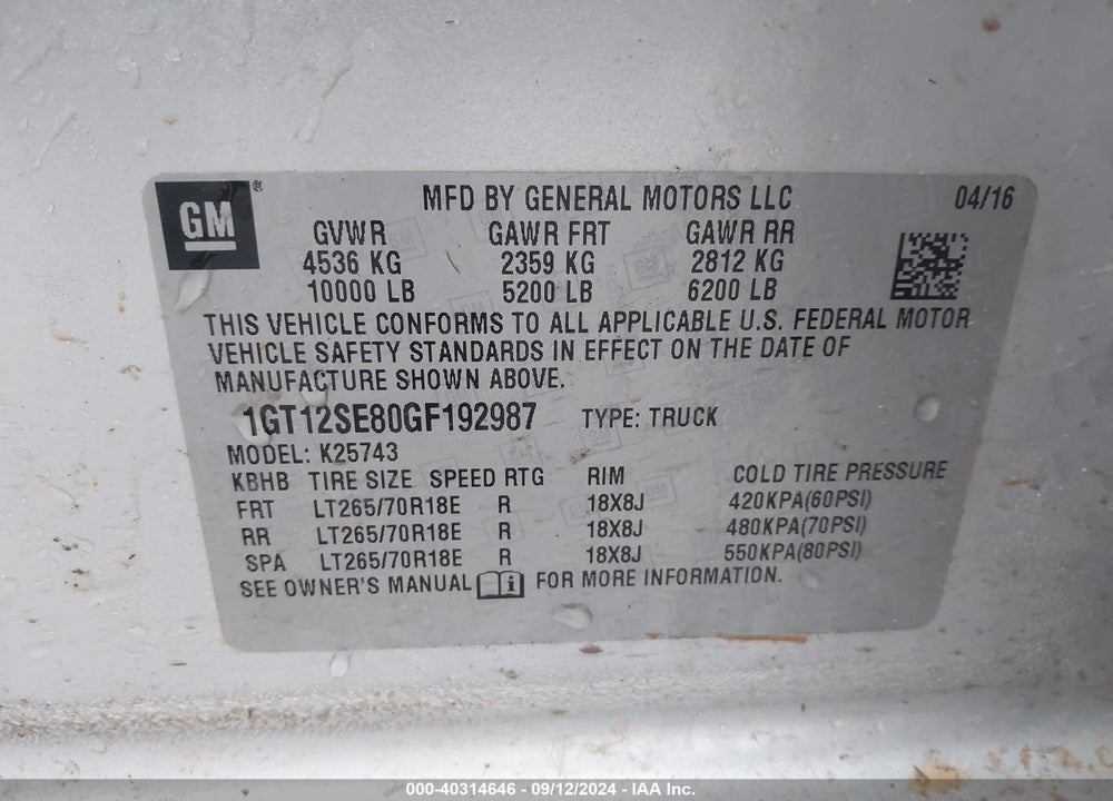 2016 GMC SIERRA 2500HD SLE VIN: 1GT12SE80GF192987