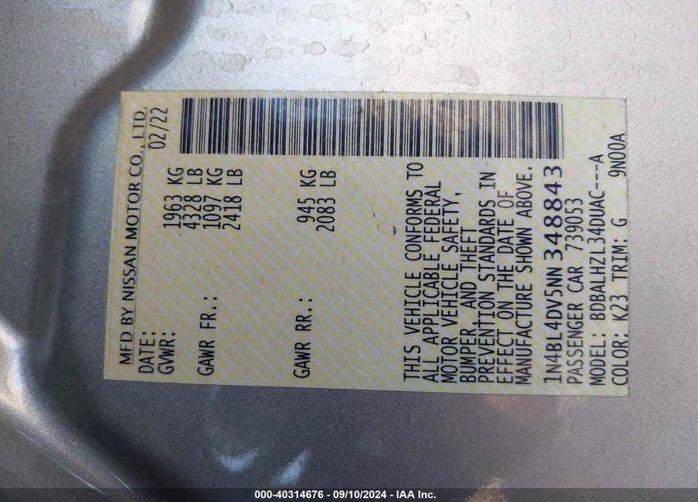 2022 NISSAN ALTIMA SV FWD VIN: 1N4BL4DV5NN348843