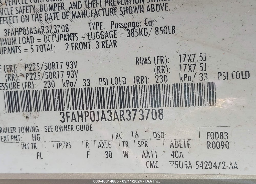 2010 FORD FUSION SEL VIN: 3FAHP0JA3AR373708