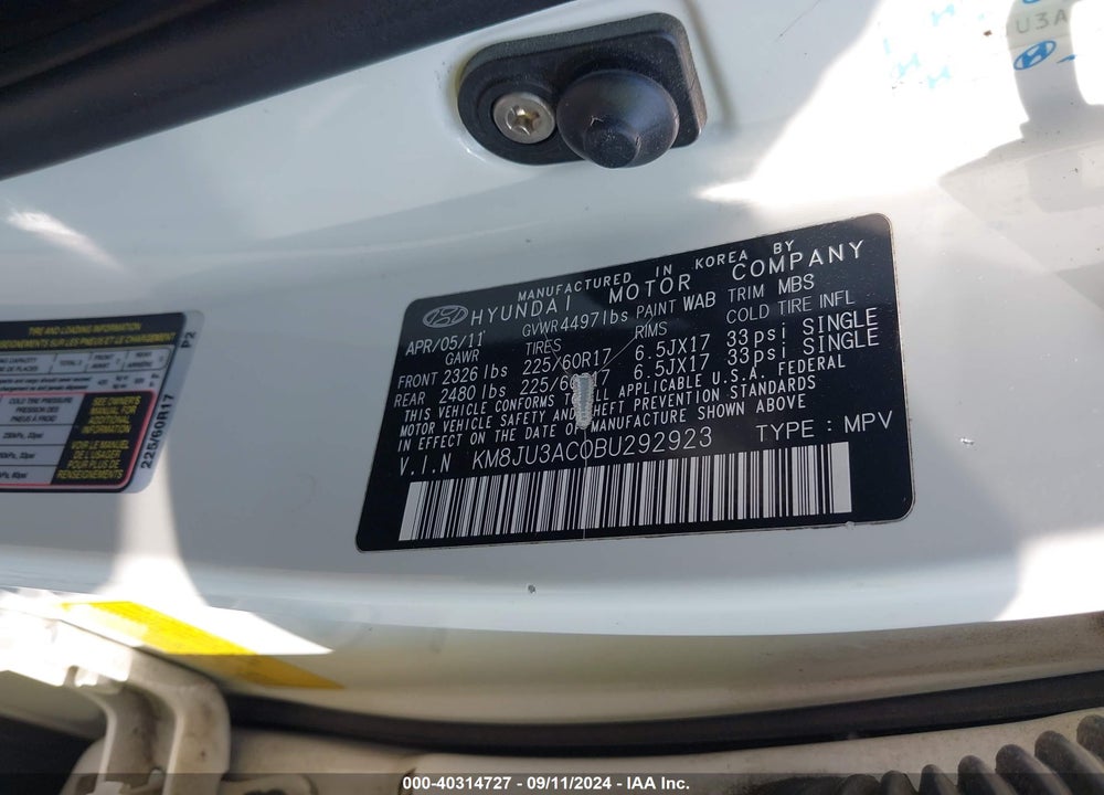2011 HYUNDAI TUCSON GLS VIN: KM8JU3AC0BU292923