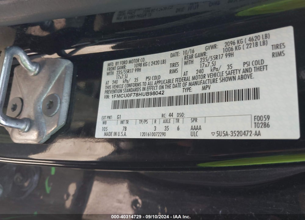 2017 FORD ESCAPE S VIN: 1FMCU0F78HUB98042