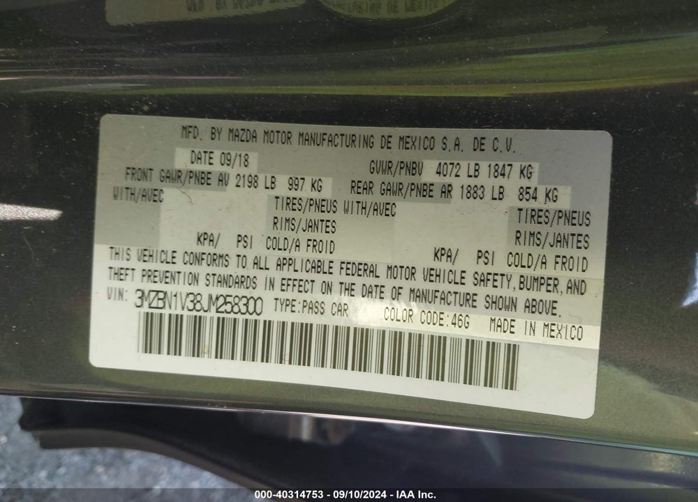 2018 MAZDA 3 TOURING VIN: 3MZBN1V38JM258300