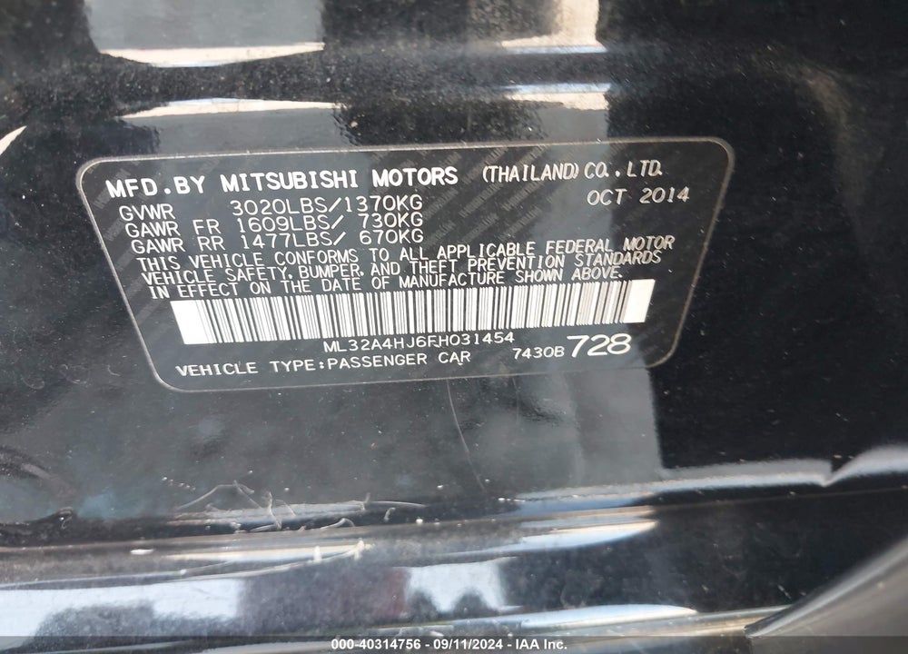 2015 MITSUBISHI MIRAGE ES/RF VIN: ML32A4HJ6FH031454