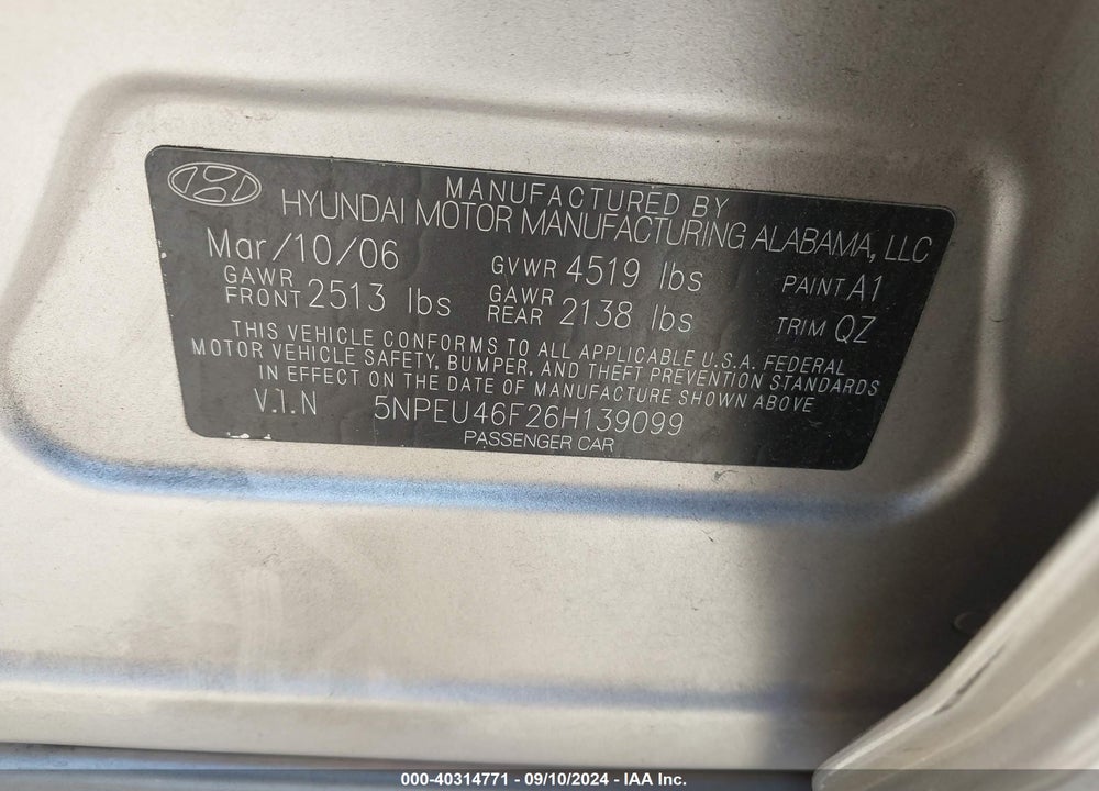 2006 HYUNDAI SONATA GLS V6/LX V6 VIN: 5NPEU46F26H139099