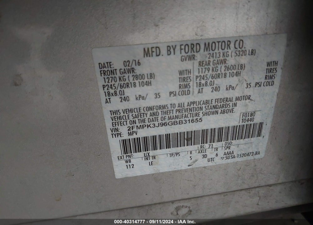 2016 FORD EDGE SEL VIN: 2FMPK3J96GBB31655