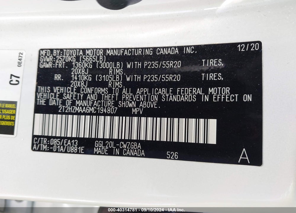 2021 LEXUS RX 350 VIN: 2T2HZMAA6MC194807