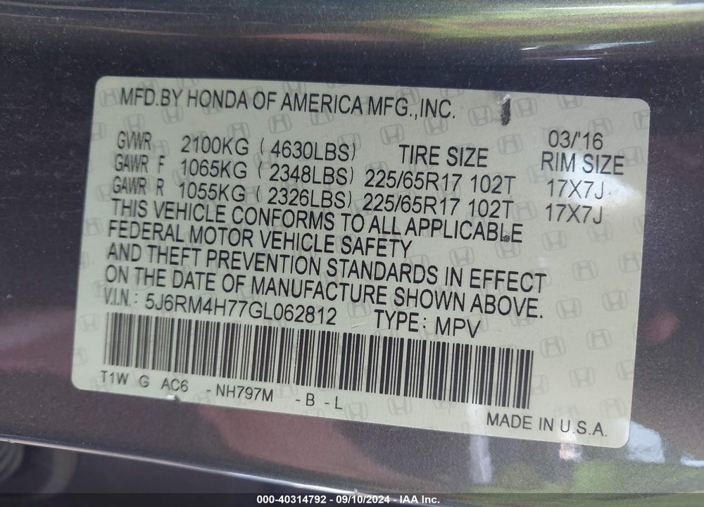 2016 HONDA CR-V EX-L VIN: 5J6RM4H77GL062812