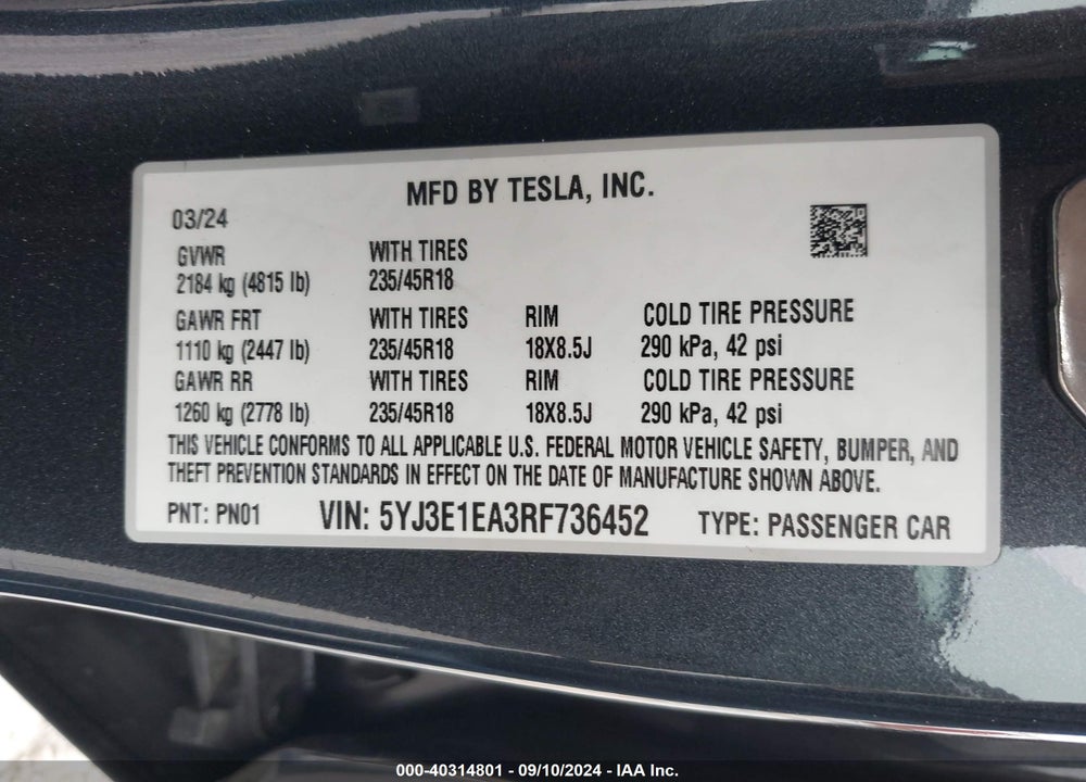 2024 TESLA MODEL 3 REAR-WHEEL DRIVE VIN: 5YJ3E1EA3RF736452