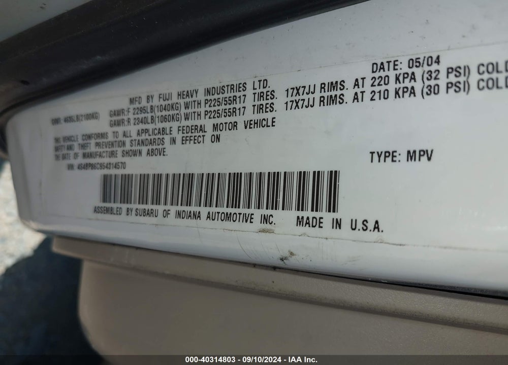 2005 SUBARU OUTBACK 3.0R L.L. BEAN EDITION VIN: 4S4BP86C954314570