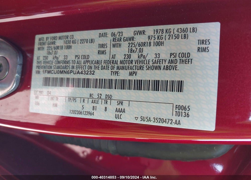 2023 FORD ESCAPE ST LINE VIN: 1FMCU0MN6PUA43232