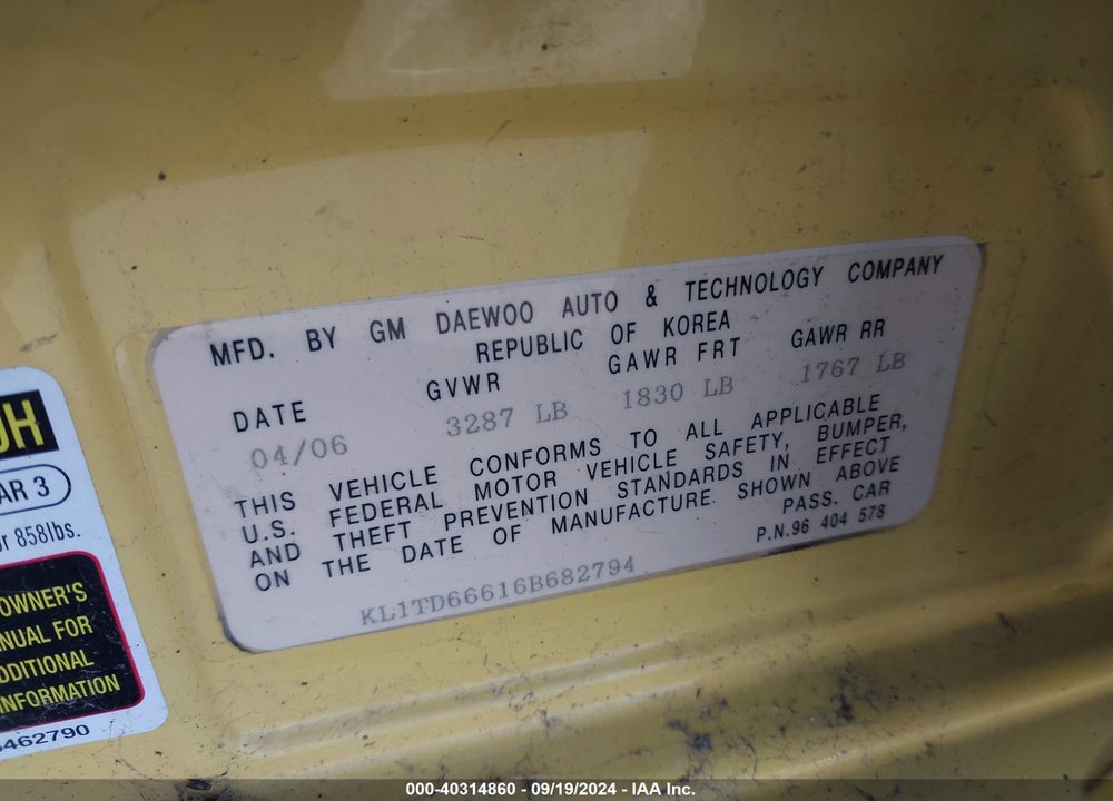 2006 CHEVROLET AVEO LS VIN: KL1TD66616B682794
