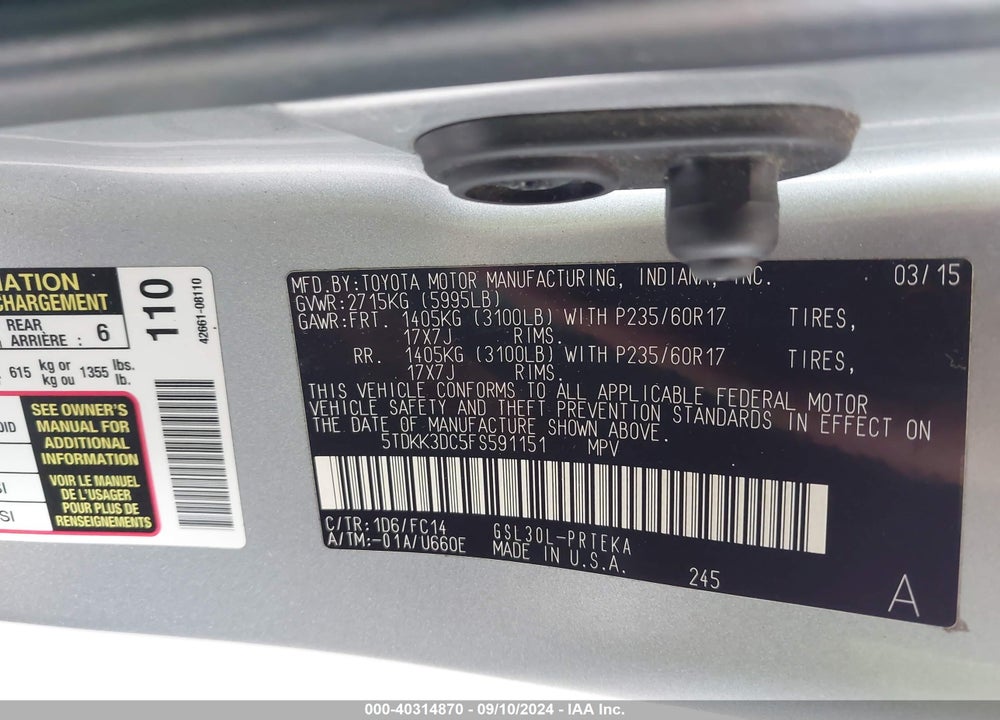 2015 TOYOTA SIENNA LE 8 PASSENGER VIN: 5TDKK3DC5FS591151