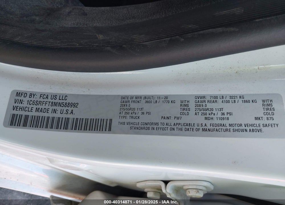 2021 RAM 1500 VIN: 1C6SRFFT8MN588992