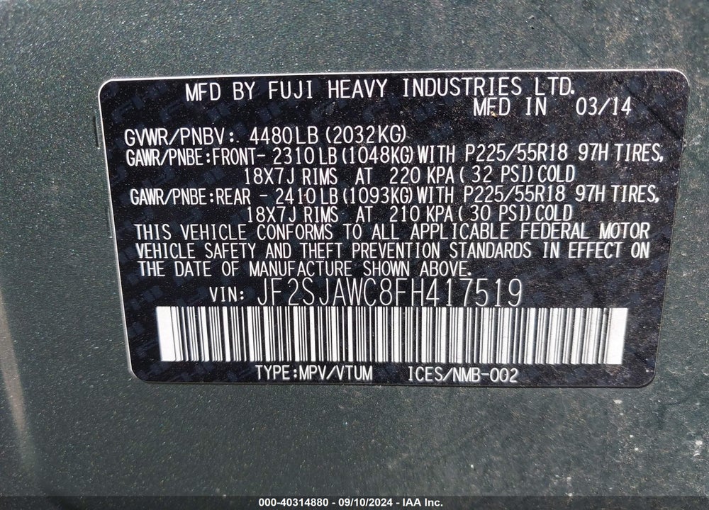 2015 SUBARU FORESTER VIN: JF2SJAWC8FH417519