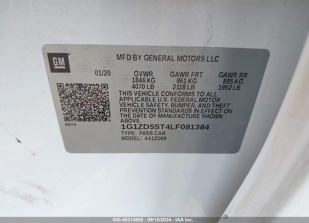 2020 CHEVROLET MALIBU FWD LT VIN: 1G1ZD5ST4LF081384