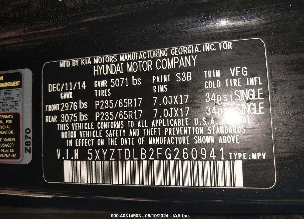 2015 HYUNDAI SANTA FE SPORT VIN: 5XYZTDLB2FG260941