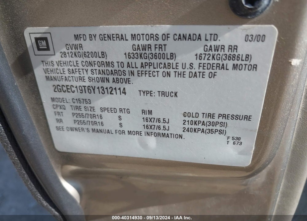 2000 CHEVROLET SILVERADO 1500 LS VIN: 2GCEC19T6Y1312114