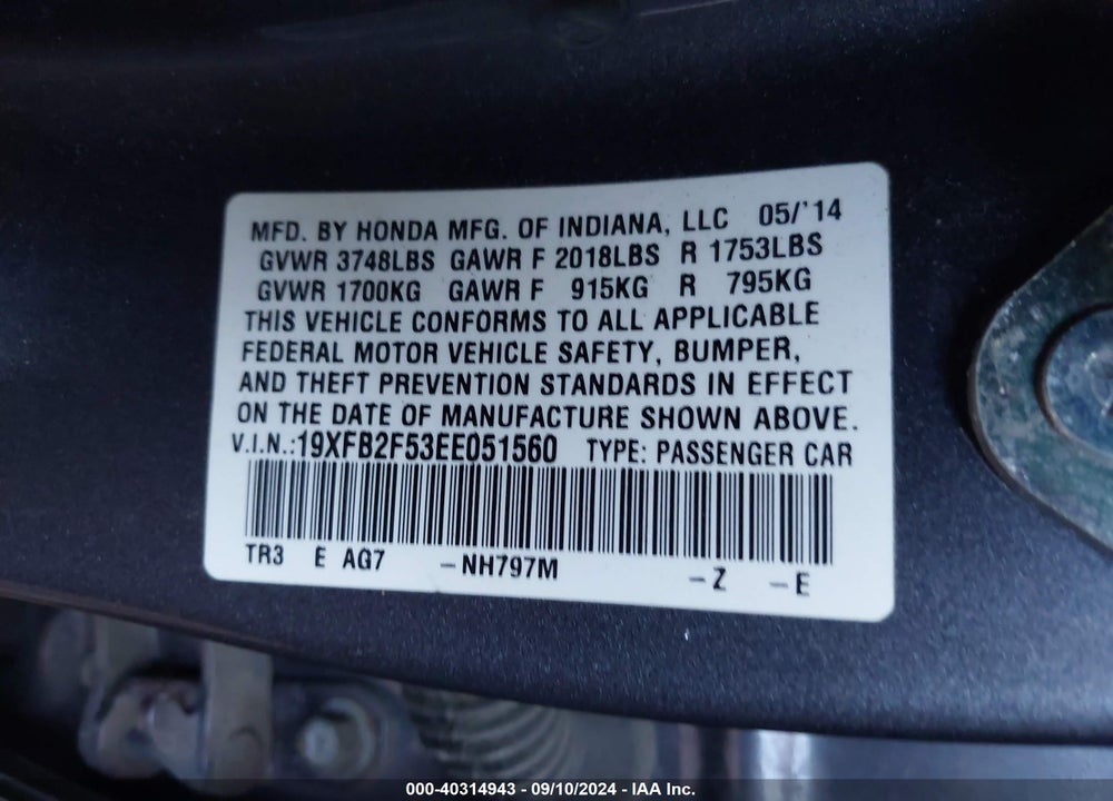 2014 HONDA CIVIC LX VIN: 19XFB2F53EE051560