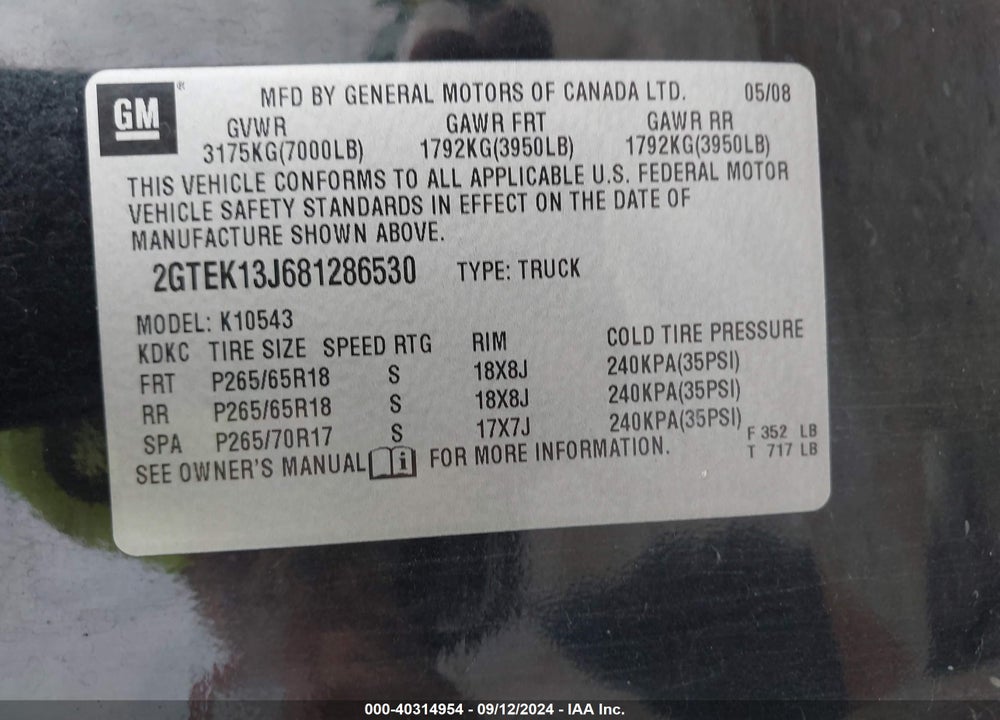 2008 GMC SIERRA 1500 SLT VIN: 2GTEK13J681286530