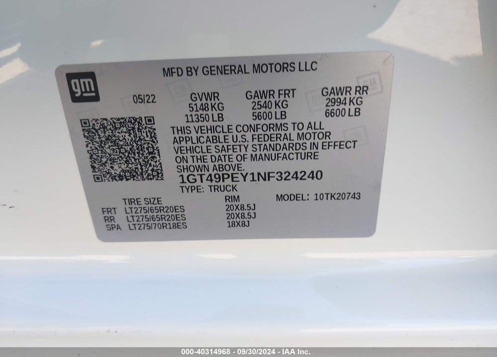 2022 GMC SIERRA 2500HD 4WD STANDARD BED AT4 VIN: 1GT49PEY1NF324240