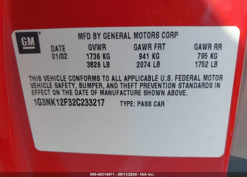 2002 OLDSMOBILE ALERO GX VIN: 1G3NK12F32C233217