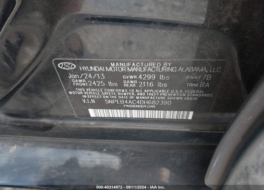 2013 HYUNDAI SONATA GLS VIN: 5NPEB4AC4DH682390