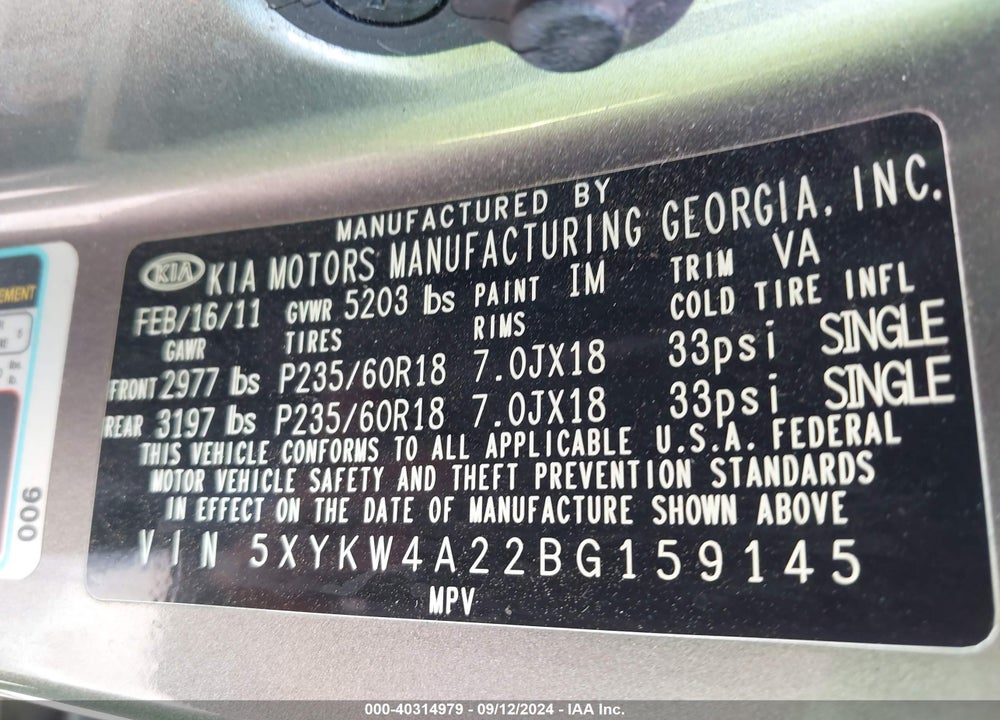 2011 KIA SORENTO SX V6 VIN: 5XYKW4A22BG159145