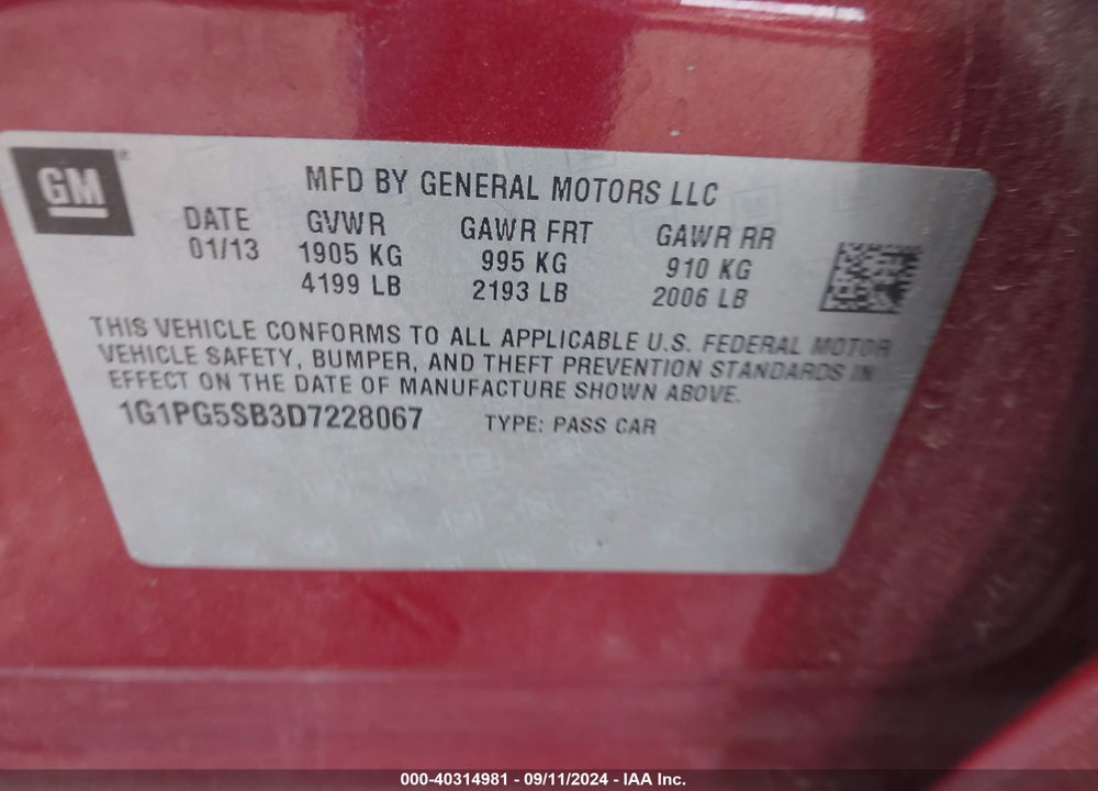 2013 CHEVROLET CRUZE LTZ VIN: 1G1PG5SB3D7228067