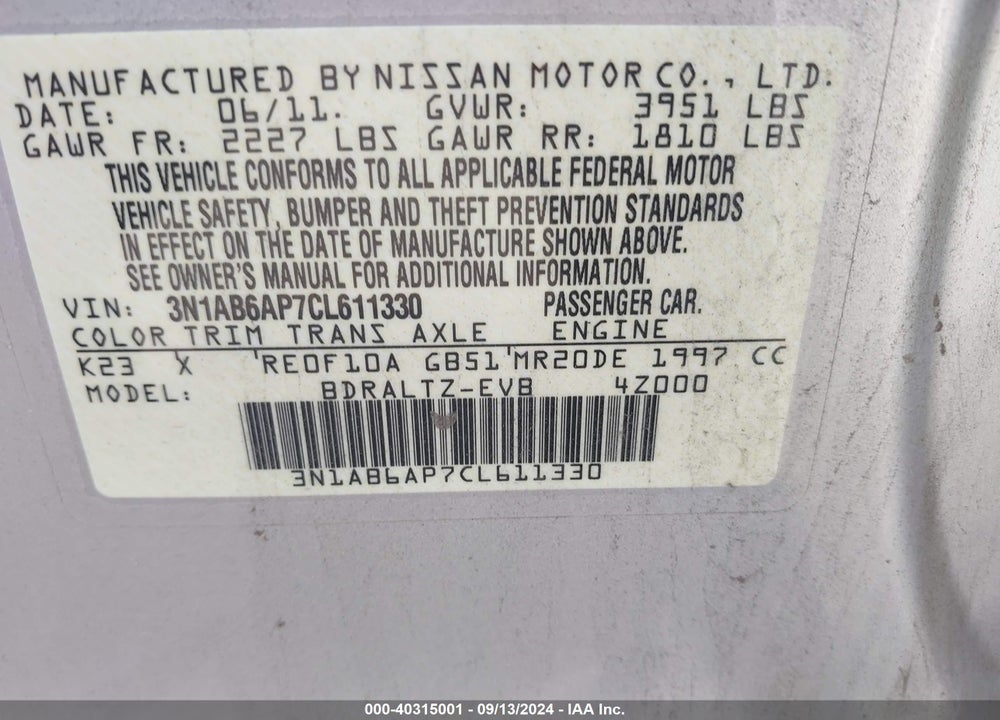 2012 NISSAN SENTRA 2.0 S VIN: 3N1AB6AP7CL611330