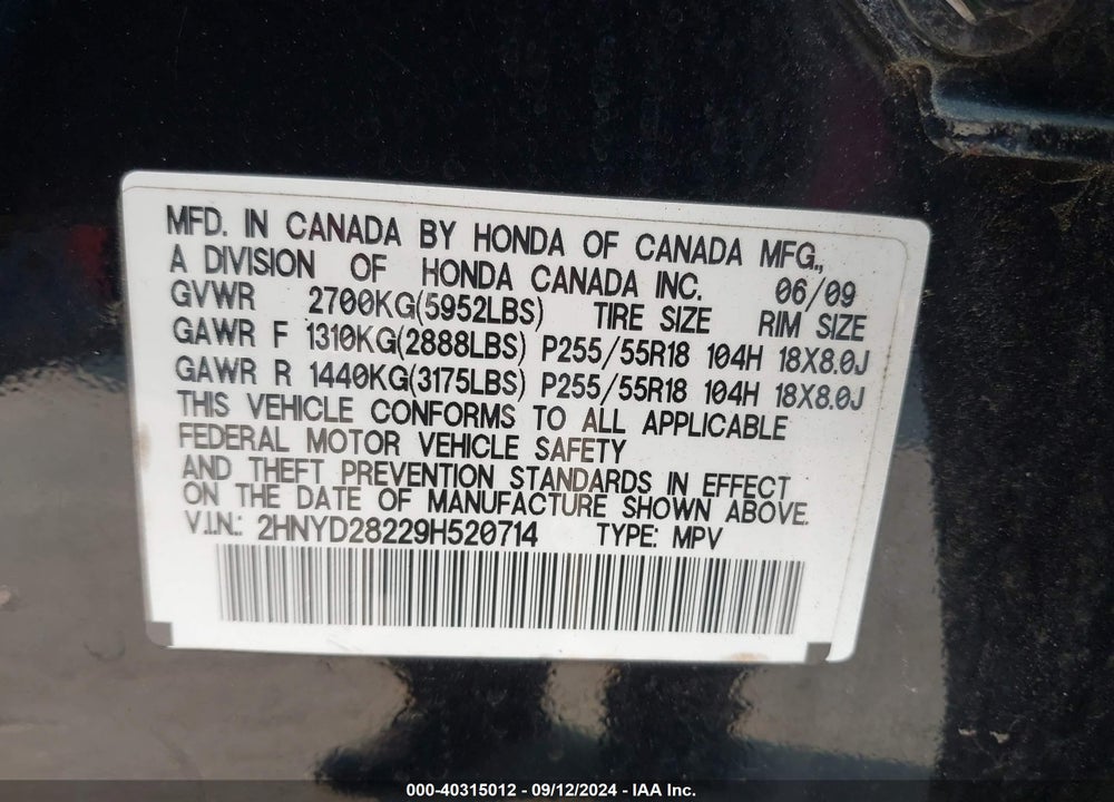 2009 ACURA MDX VIN: 2HNYD28229H520714