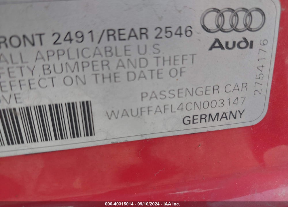 2012 AUDI A4 2.0T PREMIUM VIN: WAUFFAFL4CN003147