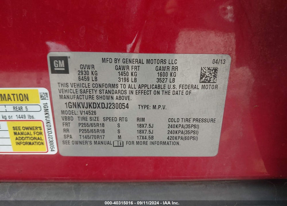 2013 CHEVROLET TRAVERSE 2LT VIN: 1GNKVJKDXDJ230054