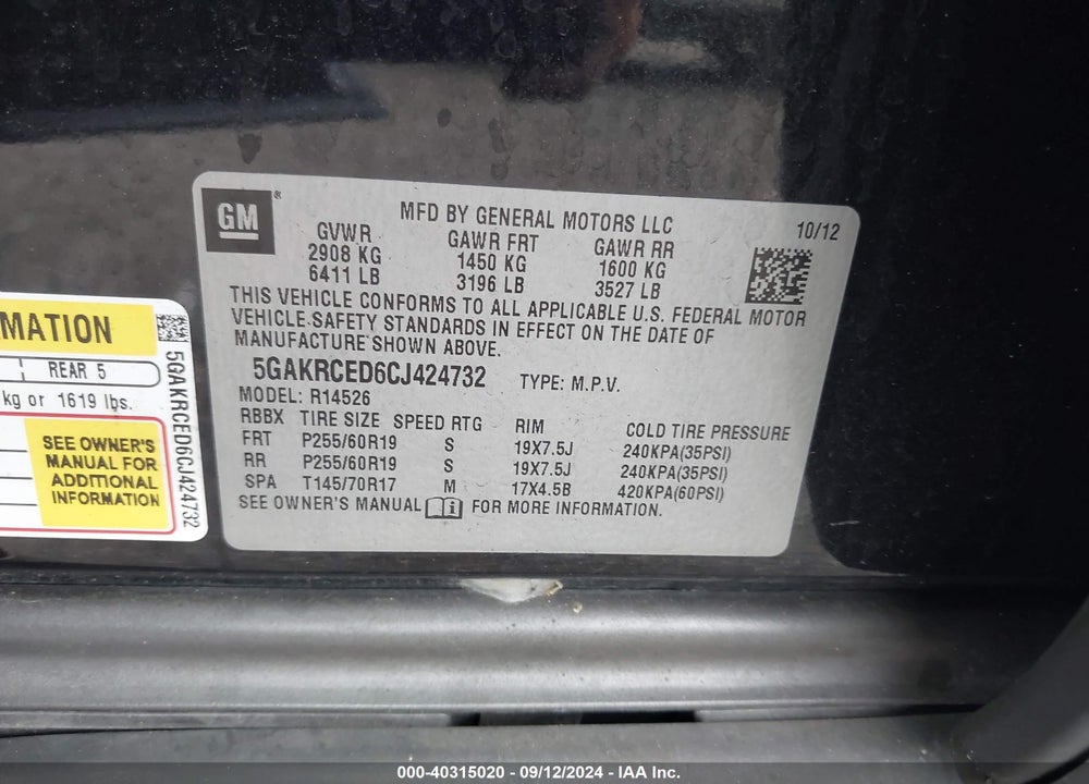 2012 BUICK ENCLAVE LEATHER VIN: 5GAKRCED6CJ424732