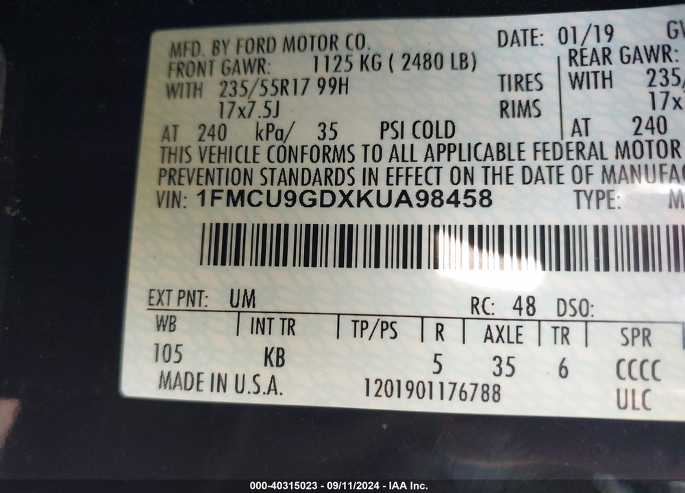 2019 FORD ESCAPE SE VIN: 1FMCU9GDXKUA98458