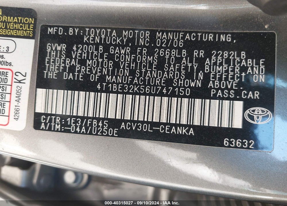 2006 TOYOTA CAMRY LE VIN: 4T1BE32K56U747150