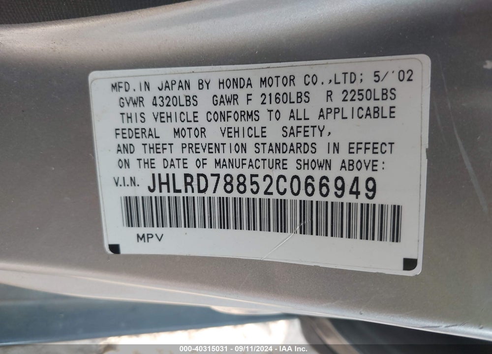2002 HONDA CR-V EX VIN: JHLRD78852C066949