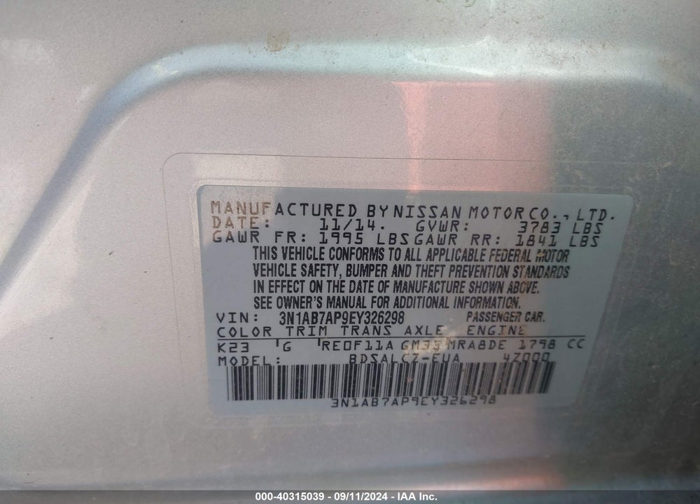 2014 NISSAN SENTRA S VIN: 3N1AB7AP9EY326298