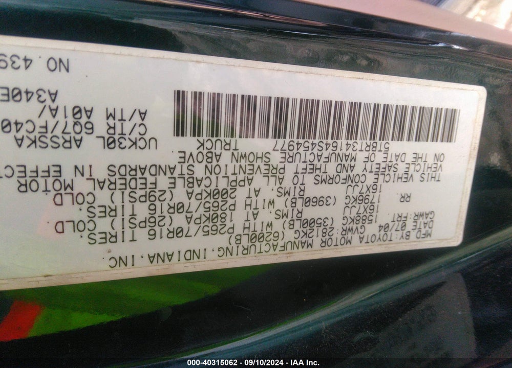 2004 TOYOTA TUNDRA SR5 V8 VIN: 5TBRT34164S454977