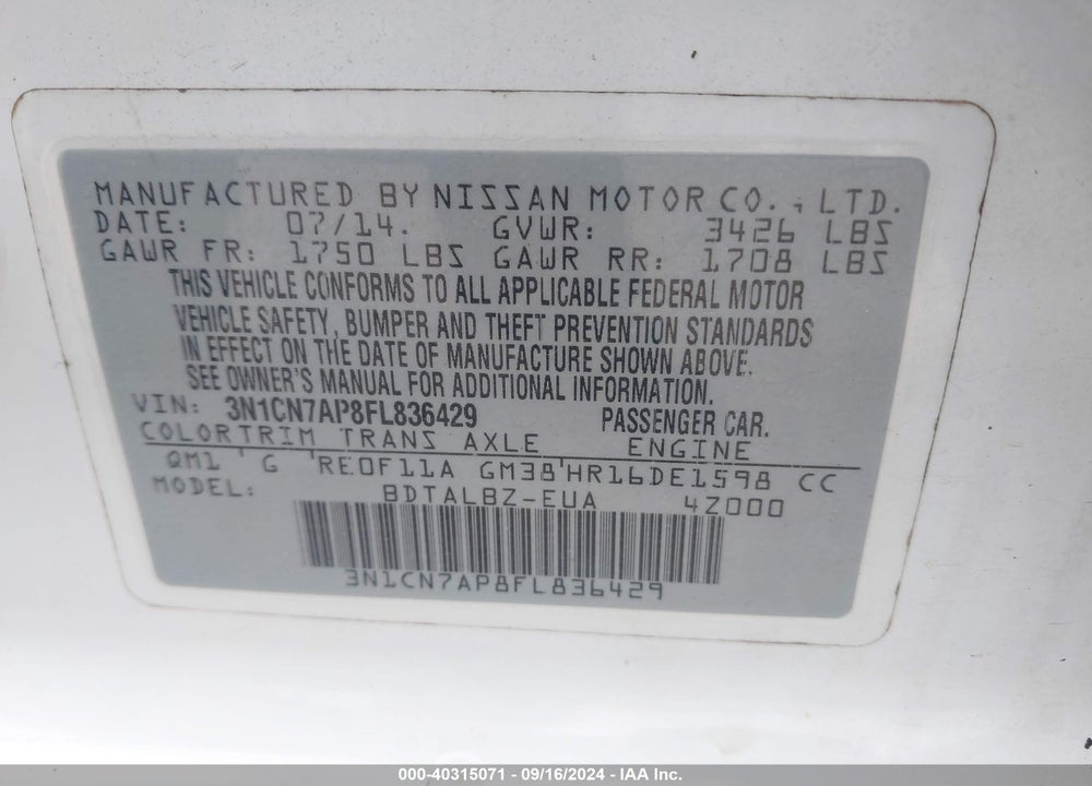 2015 NISSAN VERSA 1.6 SV VIN: 3N1CN7AP8FL836429
