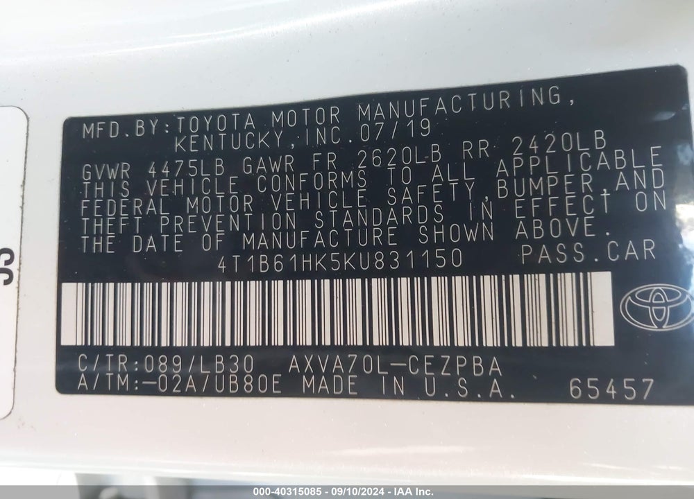 2019 TOYOTA CAMRY XSE VIN: 4T1B61HK5KU831150