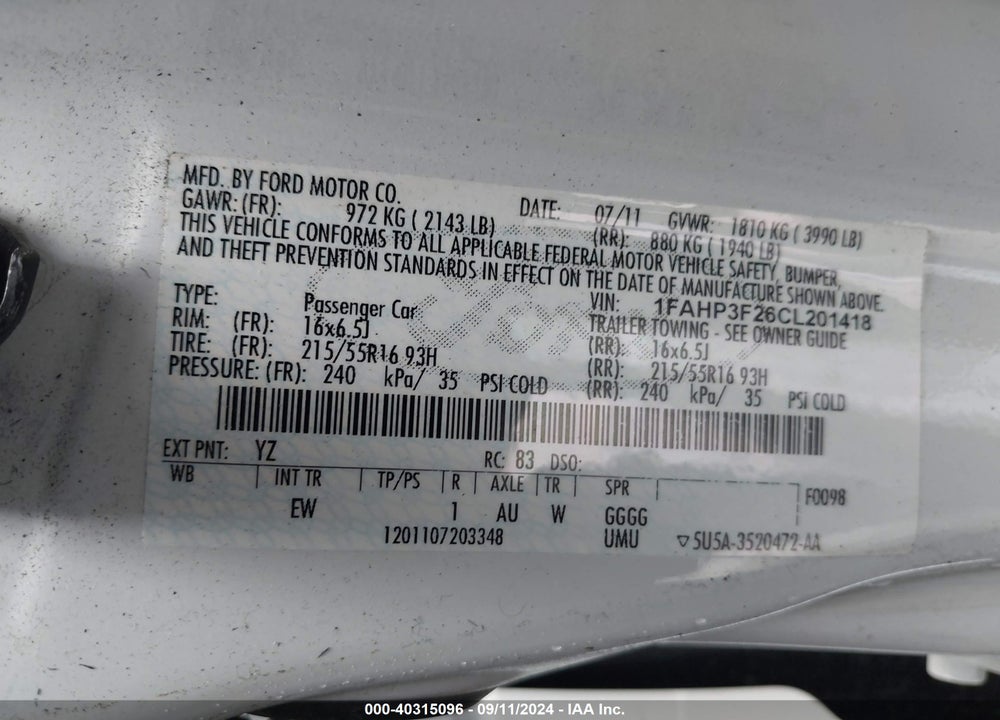 2012 FORD FOCUS SE VIN: 1FAHP3F26CL201418