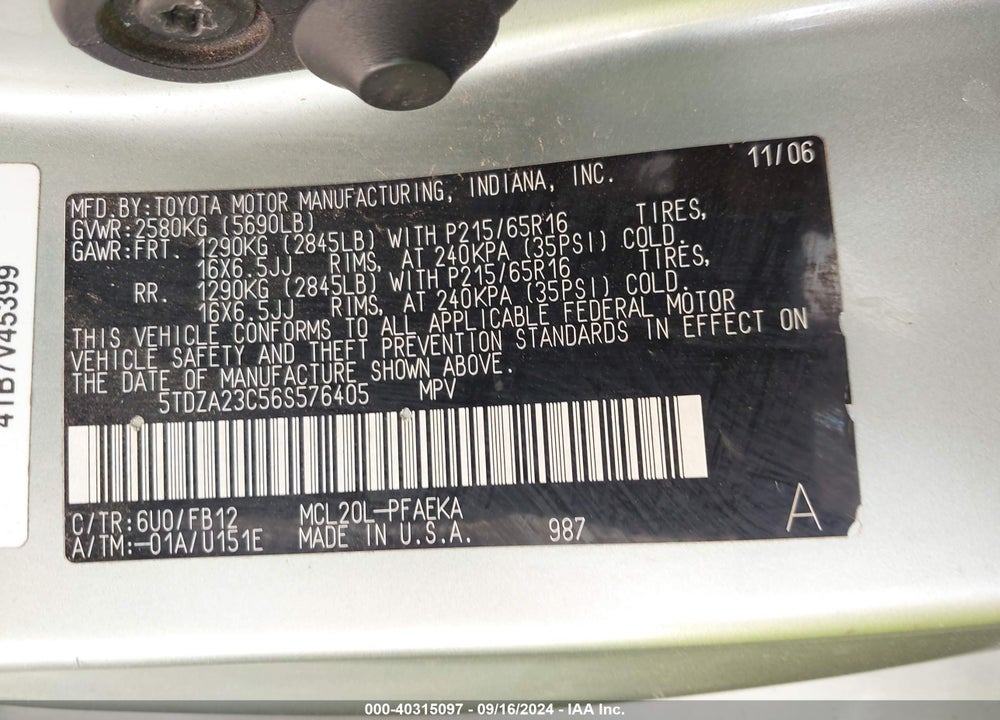 2006 TOYOTA SIENNA CE VIN: 5TDZA23C56S576405