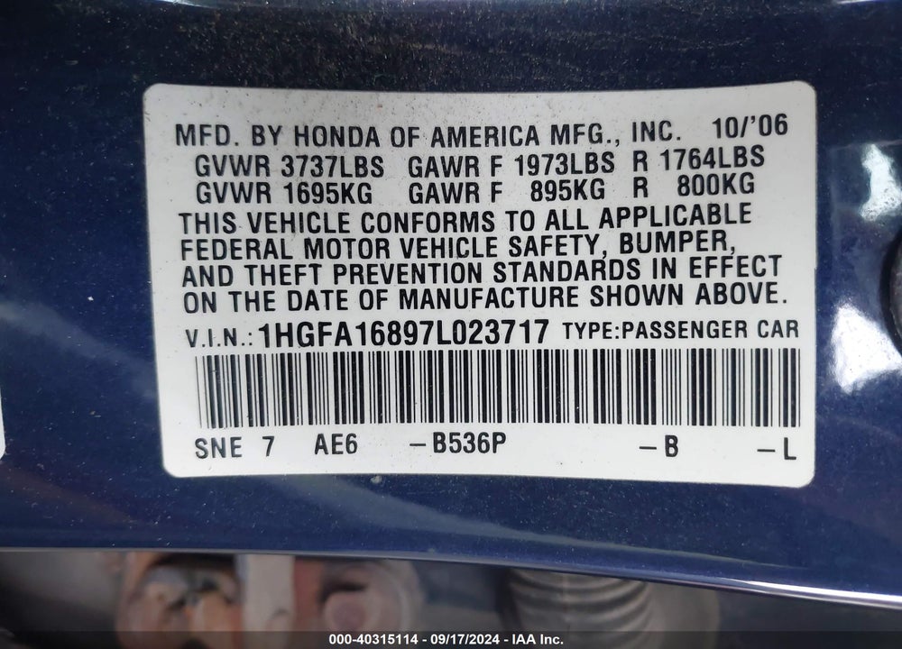 2007 HONDA CIVIC EX VIN: 1HGFA16897L023717