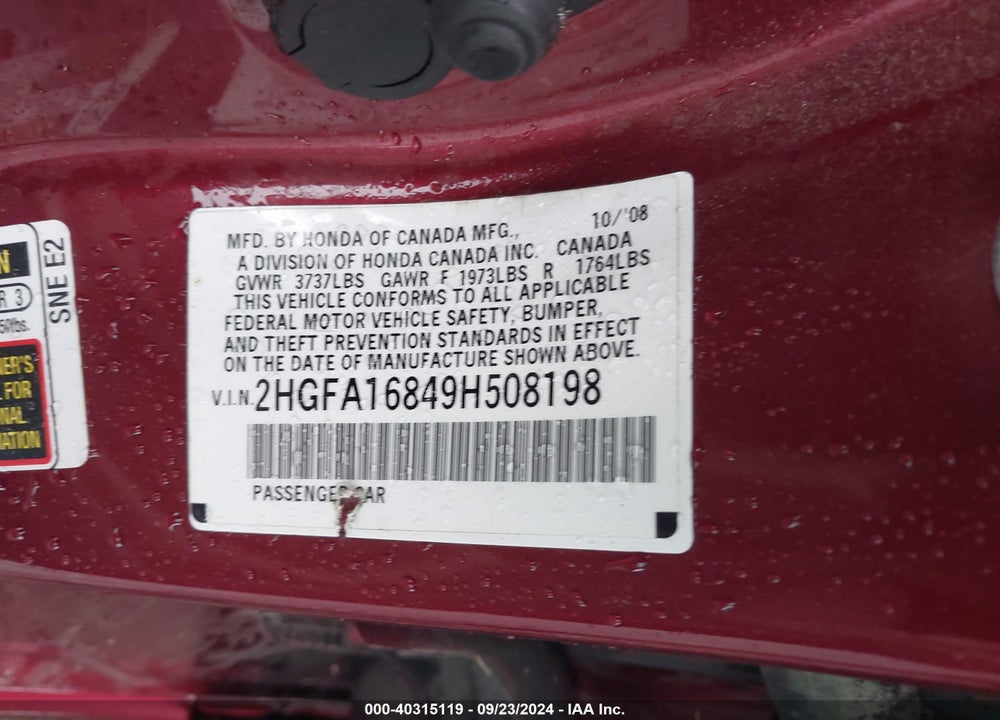 2009 HONDA CIVIC EX VIN: 2HGFA16849H508198