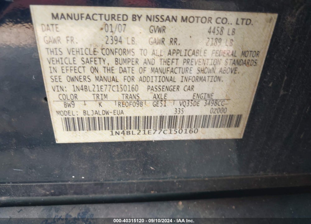 2007 NISSAN ALTIMA 3.5 SE VIN: 1N4BL21E77C150160