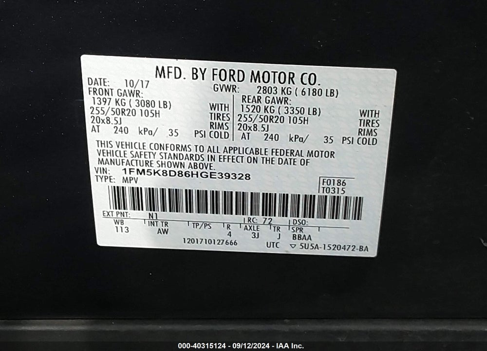 2017 FORD EXPLORER XLT VIN: 1FM5K8D86HGE39328
